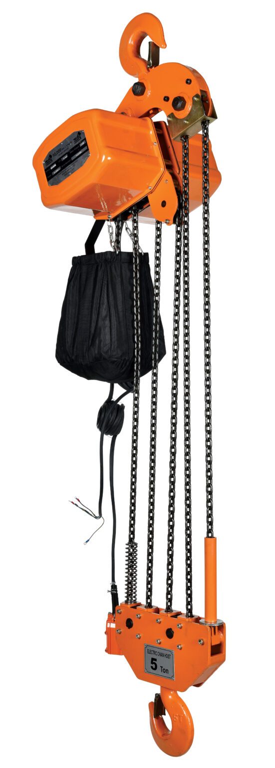 H-10000-3_A.jpg The orange Vestil Econ Chain Hoist W Container 10K 3 Phase, equipped with a sturdy pulley system and dual hooks, includes a black bag and extending wires. Clearly labeled for a 5-ton capacity, this robust tool enhances efficiency in heavy-duty applications.