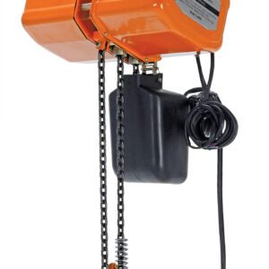The orange Vestil Econ Chain Hoist W/ Container 4K 1 Phase, with metal hooks, a black cable, and control switch, has a lifting capacity of 4,000 pounds—perfect for optimal one-phase operations.