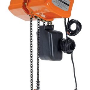 The Vestil Econ Chain Hoist W/ Container 4K 3 Phase features an orange electric design, hooks at both ends, a sturdy metal chain, and a wired control pendant. Its robust housing and rating plate confirm its heavy-duty lifting capacity of 4,000 units.