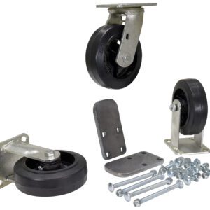 The image displays the Vestil 6X2 Mold-On-Rubber Caster Kit 1.8K with one swivel and one fixed metal caster, black wheels, and includes metal plates, bolts, nuts, and washers for easy attachment—all set against a white background.