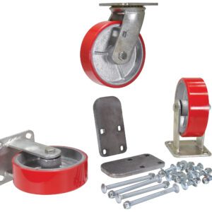 The Vestil 6X2 Poly-On-Steel Caster Kit 3.6K includes red and gray caster wheels, with two mounted on metal plates. It comes with extra plates, bolts, and nuts for versatile assembly on various surfaces.
