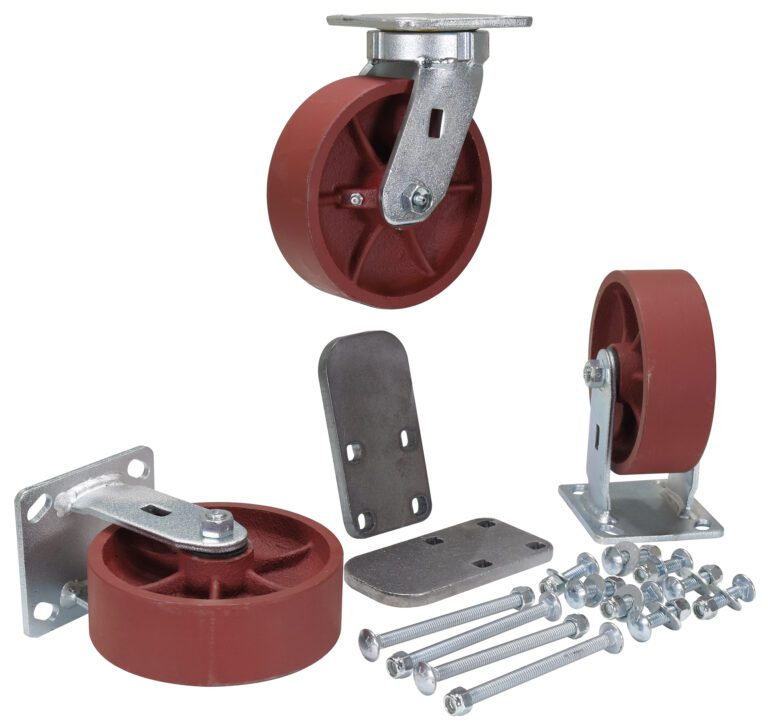 H-CK3-SC6-2HD_A.jpg The Vestil 6X2 Ductile Steel Caster Kit 6K includes four red caster wheels with sturdy metal mounts and installation hardware like bolts and plates, all set against a white background. One wheel is elevated on its mount to display the underside.