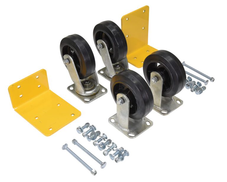 H-CK4-MR6-2_A.jpg Four black swivel caster wheels, part of the Vestil 6X2 Mold-On-Rubber Caster Kit 2.4K, have metal frames and are lined up with two yellow brackets and scattered screws and bolts on a white background.