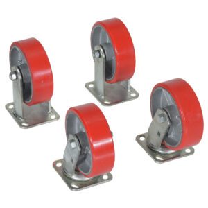 The Vestil 6X2 Poly-On-Steel Caster Kit 4.8K includes four red and gray cylindrical caster wheels, each with a metal mounting plate, designed for easy attachment to furniture or equipment.