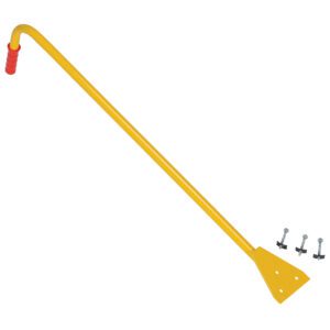 A yellow sheetrock panel lifter with a red ergonomic Vestil handle and a flat triangular base is shown alongside three black and silver fasteners, designed for easy lifting.