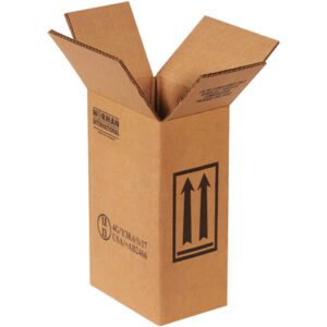 The plain white background showcases an open brown MH-USA 6 3/4 x 4 5/16 x 10 3/8 F-Style box with extended flaps, featuring printed symbols like an upward arrow and handling instructions. It is designed for easy storage of one-gallon containers.