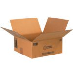 An open MH-USA box, designed for 4 - 1 Quart Paint Can Boxes and measuring 10 1/4 x 10 1/4 x 6 3/16, reveals its brown interior with printed handling symbols on the flaps.