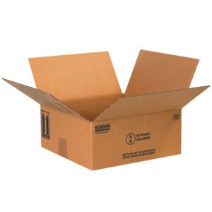 An open MH-USA box, designed for 4 - 1 Quart Paint Can Boxes and measuring 10 1/4 x 10 1/4 x 6 3/16, reveals its brown interior with printed handling symbols on the flaps.