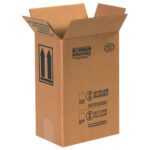 A tall, brown cardboard box designed for a 1-gallon F-Style paint can, features open top flaps and black text/icons including MH-USA dimensions and handling arrows on the sides. Available in convenient bundles of 20.