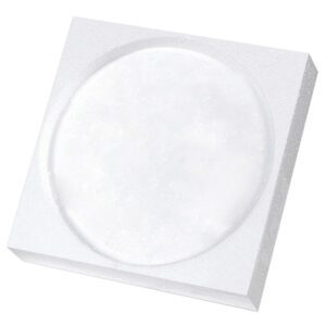 The MH-USA 1 Quart Paint Can Foam Insert (100/Case) is shown in close-up as a square white foam box with a round indented center, featuring a slightly grainy texture akin to polystyrene, perfect for securely holding paint cans.