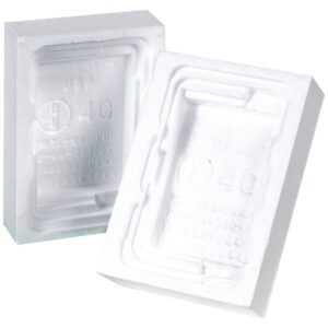 The MH-USA 1 Gallon F-Style Can Foam Insert consists of two clear, rectangular mold pieces featuring indented shapes and embossed text with numbers and letters, indicating measurements or specifications, all neatly positioned at an angle.