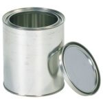 A shiny silver cylindrical tin, like the MH-USA 1 Quart Paint Can (36/Case), shines with an open top showing its empty interior, while the matching metal lid rests beside it, reflecting light elegantly.