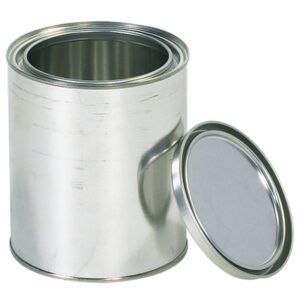 A shiny silver cylindrical tin, like the MH-USA 1 Quart Paint Can (36/Case), shines with an open top showing its empty interior, while the matching metal lid rests beside it, reflecting light elegantly.