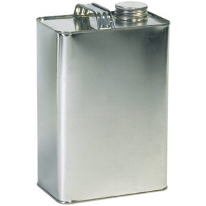 The MH-USA 1 Gallon F-Style Can (36/Case) is rectangular with a screw-on cap and small handle near the top, featuring a smooth, shiny surface for a sleek look.