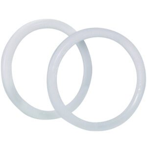 Against a white background, two intertwined translucent white silicone MH-USA Locking Rings for Gallon Paint Cans (100/Case) are displayed. These smooth, slightly flexible rings are crafted to ensure a secure seal on paint cans.