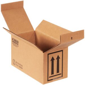 The MH-USA 9 1/2 x 4 5/8 x 5 box, a brown cardboard with black symbols including directional arrows, is part of the Haz Mat series. Its available in bundles of 25 for safe handling of materials.