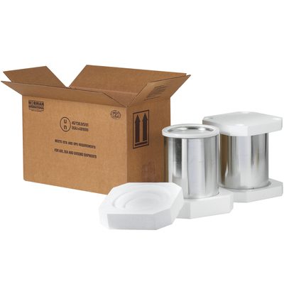 HAZFS2G.jpg The box labeled MH-USA 17 x 8 1/2 x 9 5/16 Foam Haz Mat Shipper Kit is open, showing two metal canisters cushioned by white foam. Arrows and handling instructions on the side indicate its for safely shipping or storing hazardous materials.