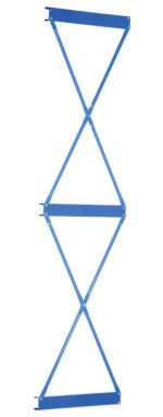 This blue accordion-style drying rack, similar to the Vestil Heavy Duty Cantilever Brace Set 144 X 60, has a folding X pattern with three sections. Made of lightweight metal, it offers space-saving practicality when not in use.