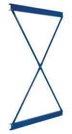 A blue metal X-shaped truss, similar to the Vestil Heavy Duty Cantilever Brace Set 96 X 60, provides strong support. Its industrial look, with visible bolts and connections, contrasts sharply against a plain white backdrop.