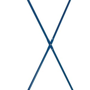 A blue metal X-shaped truss, similar to the Vestil Heavy Duty Cantilever Brace Set 96 X 60, provides strong support. Its industrial look, with visible bolts and connections, contrasts sharply against a plain white backdrop.