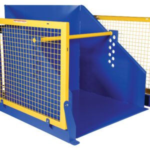The blue industrial bin features a sloped design with a sturdy metal frame, yellow safety bars, and mesh panels. Its robust construction is akin to the Vestil Electric/Hydr Box Dumper 2K 36 In Dump H, ensuring both durability and efficiency.