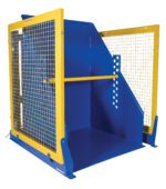 The Vestil Electric/Hydr Box Dumper 2K 60 In Dump H is a large blue industrial container with yellow safety railings and mesh sides. Its inclined design is perfect for material handling or storage, prioritizing safety and stability.