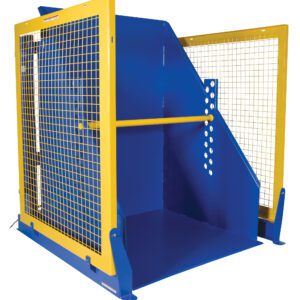 The Vestil Electric/Hydr Box Dumper 2K 60 In Dump H is a large blue industrial container with yellow safety railings and mesh sides. Its inclined design is perfect for material handling or storage, prioritizing safety and stability.