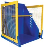 The Vestil Electric/Hydr Box Dumper 4K 60 In Dump H is a blue and yellow machine with a protective mesh cage, spacious interior, and reinforced gate, ensuring safety in industrial operations.