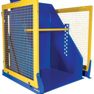 The Vestil Electric/Hydr Box Dumper 4K 60 In Dump H is a blue and yellow machine with a protective mesh cage, spacious interior, and reinforced gate, ensuring safety in industrial operations.