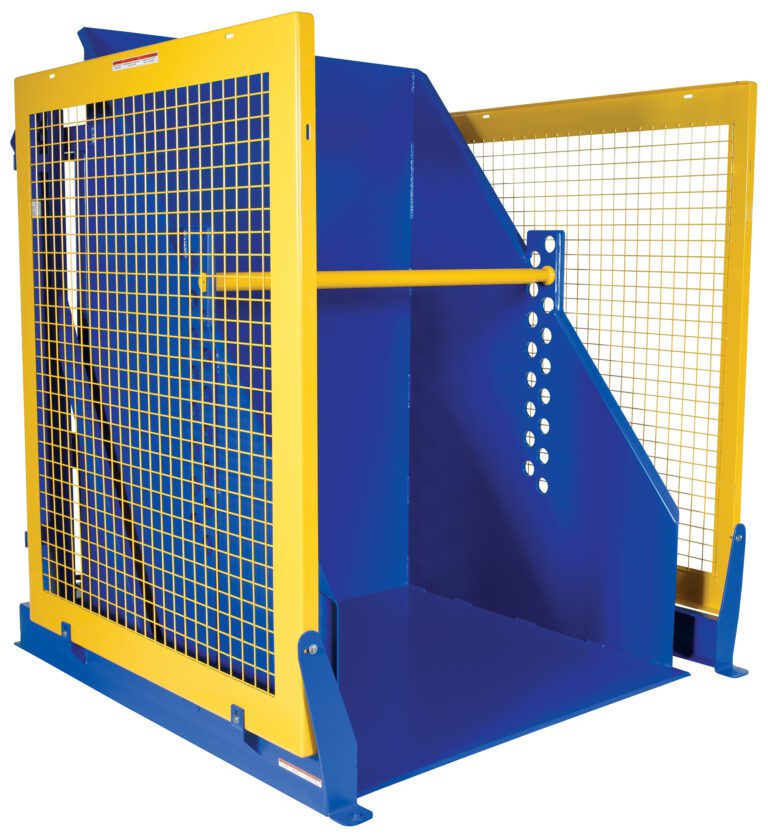 The Vestil Electric/Hydr Box Dumper 4K 60 In Dump H is a blue and yellow machine with a protective mesh cage, spacious interior, and reinforced gate, ensuring safety in industrial operations.