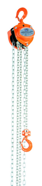 The Vestil Manual Chain Hoist 1K Capacity 15 Ft boasts a durable gear casing and orange hooks. Its silver metal chains are designed with a bottom hook to efficiently lift heavy objects.