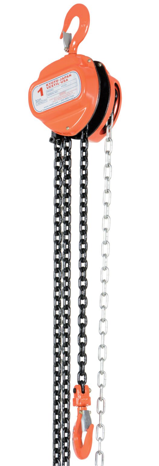 HCH-2-15_A.jpg The Vestil Manual Chain Hoist 2K Capacity 15 Ft features a bold orange finish, a durable black chain, and vibrant red hooks on each end. Engineered for easy heavy lifting, its 2000 lb capacity and 15 ft reach make it indispensable for tough tasks.