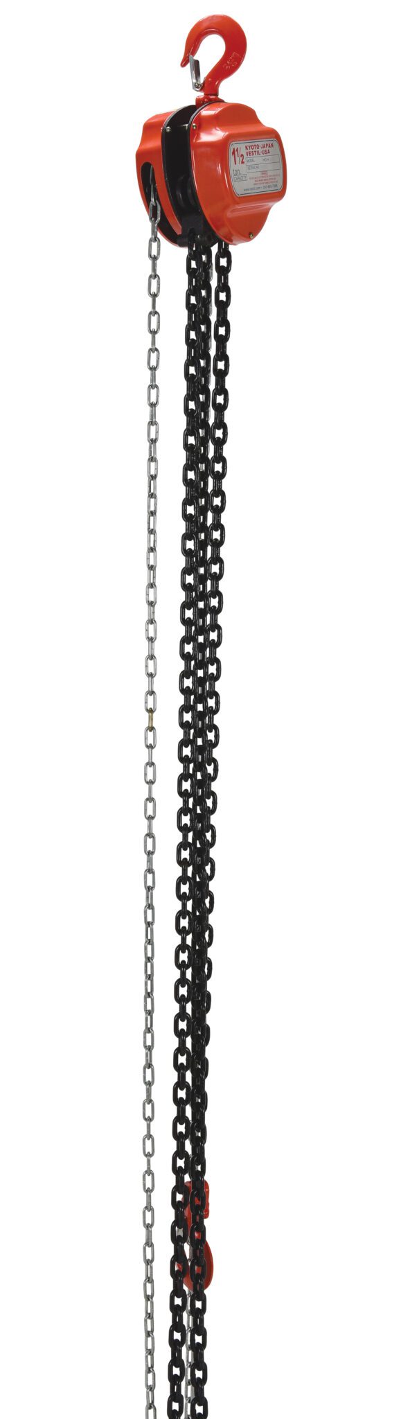 The Vestil Manual Chain Hoist, with a 3K capacity and 20 ft long black and silver chains, features a durable hook ideal for lifting heavy loads. Its red industrial design makes it perfect for construction or workshop use.
