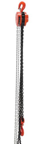 The Vestil Manual Chain Hoist 6K Capacity 20 Ft features two long black chains, a sleek silver chain, and vibrant red bottom hooks for reliable heavy-duty lifting. A sturdy top hook secures loads over a 20 ft span.