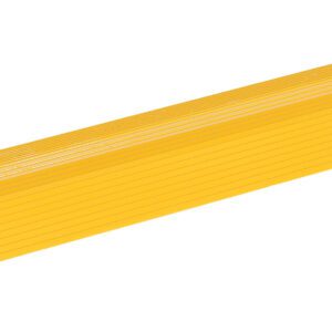 A yellow plastic speed bump, featuring a ribbed texture and slight curve, is designed like the Vestil Extruded Alum Hose/Cable Crossover 24Yel for enhanced durability and safety for vehicles and pedestrians; isolated on a white background.