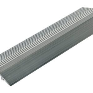 The Vestil Extruded Alum Hose/Cable Crossover 24 is an elongated, semicircular aluminum extrusion with a shiny metallic finish and fine parallel grooves, tapering slightly at the ends.