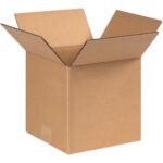 An open brown MH-USA 8 x 8 x 8 heavy-duty box with flaps unfolded is set against a white background, highlighting its rectangular shape and sturdy corrugated texture. Ideal for secure packing solutions, this empty box is shown at a slight angle. (25 per bundle).