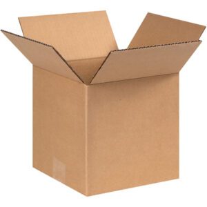 An open brown MH-USA 8 x 8 x 8 heavy-duty box with flaps unfolded is set against a white background, highlighting its rectangular shape and sturdy corrugated texture. Ideal for secure packing solutions, this empty box is shown at a slight angle. (25 per bundle).