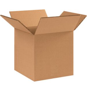 An open brown cardboard box standing upright on a white background showcases the sturdy design of the MH-USA 10 x 10 x 10 Double Wall Boxes (15/Bundle).