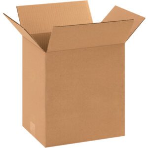 A light brown, corrugated open cardboard box with flaps extended stands upright is part of the MH-USA 11 1/4 x 8 3/4 x 10 Heavy-Duty Boxes (25/Bundle), offering durability and optimal storage solutions.