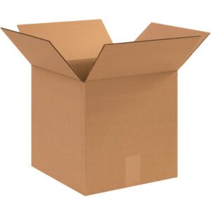 An open MH-USA 12 x 12 x 12 heavy-duty box from a bundle of 25 stands upright, partially unfolded against a white background, showcasing its sturdy corrugated texture.