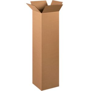 A tall open brown cardboard box from the MH-USA 12 x 12 x 48 Double Wall Boxes (10/Bundle) set stands upright against a white background.