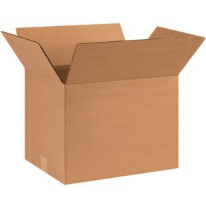 A sturdy MH-USA 14 x 10 x 10 heavy-duty cardboard box, folded outward and appearing empty, rests against a plain white background. Sold in bundles of 25, it is perfect for storage or shipping.