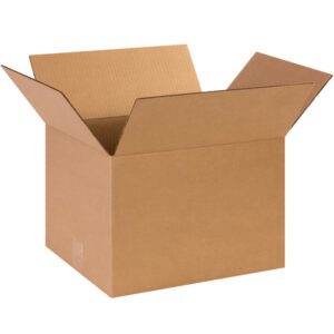 An open large brown MH-USA 14 x 12 x 10 Heavy-Duty Box rests empty with its flaps extended outward against a plain white background, ready for packing.