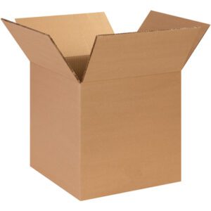 The MH-USA 14 x 14 x 14 heavy-duty box, with raised flaps, showcases a plain brown exterior. Sturdy and spacious, this empty box is ideal for your needs and is set against a clean white background. Sold in bundles of 25.