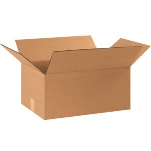 A large MH-USA 16 x 14 x 10 heavy-duty cardboard box with extended flaps appears empty against a plain white background.