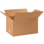 An opened MH-USA 17 1/4 x 11 1/4 x 10 heavy-duty box, with outward-folded flaps, leans against a plain white background. Angled slightly to the viewers left, its empty inside is fully visible.