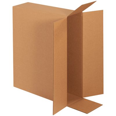 HD24618FOL.jpg Against a white background stands a tall, open MH-USA 24 x 6 x 18 side loading box from the MH-USA 24 x 6 x 18 Side Loading Boxes (10/Bundle) set, with two flaps extended outward.