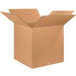 An MH-USA 26 x 26 x 26 Double Wall Box from a pack of five stands upright with open flaps against a white backdrop, highlighting its sturdy corrugated texture, ready for use.
