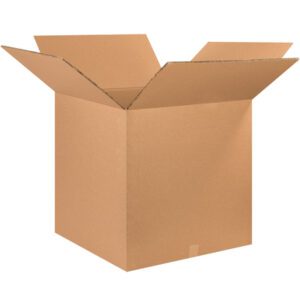 An MH-USA 26 x 26 x 26 Double Wall Box from a pack of five stands upright with open flaps against a white backdrop, highlighting its sturdy corrugated texture, ready for use.